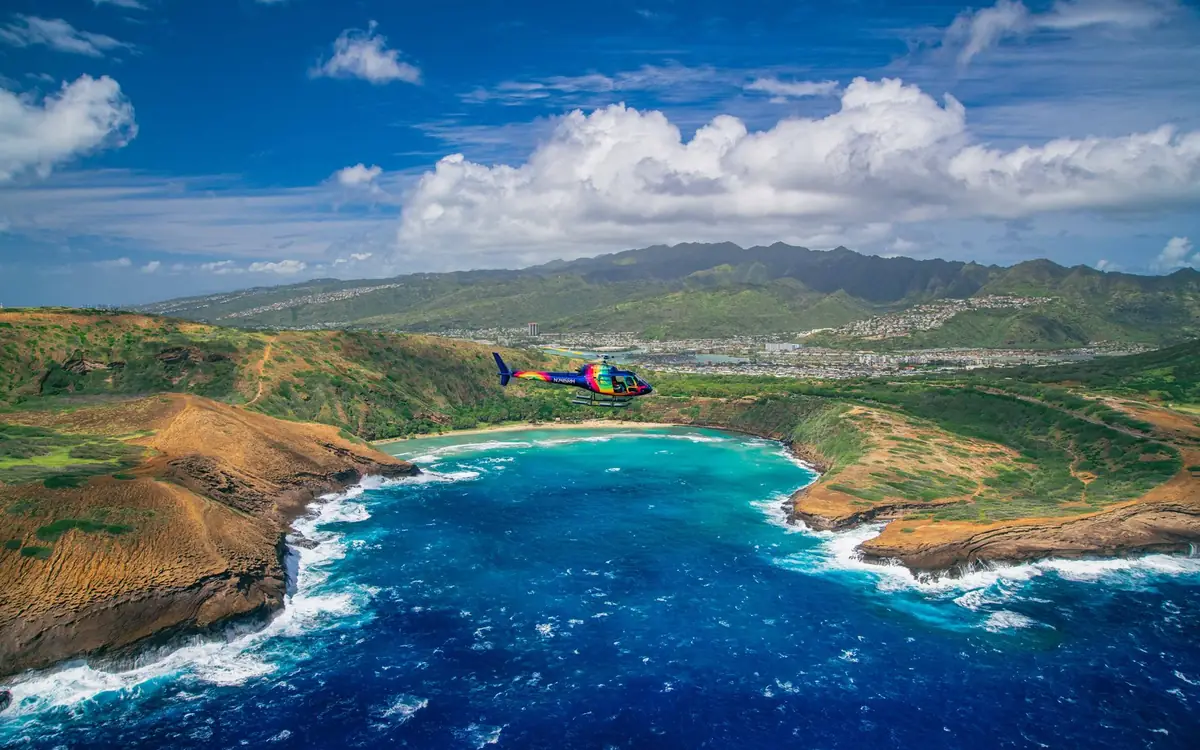 The south-east coast of Oahu with turquoise reef seen from the air