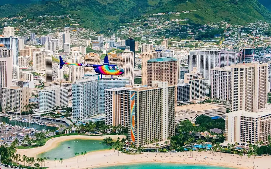 Waikiki beach and the Honolulu skyline seen from a helicopter